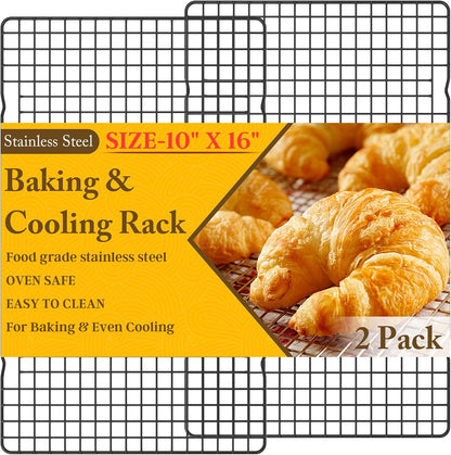 2PCS Cooling Racks for Cooking and Baking - 10" x 15"Heavy Duty Stainless Steel Wire Rack for Baking, Grilling, Roasting - Oven & Dishwasher Safe - Fits Jelly Roll Sheet Pan-Silver