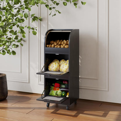 Movable Potato and Onion Storage Box with Wheels,Wooden Vegetable Storage Box,Food Storage Room with Grocery Area,Sliding Design,Modern Farmhouse Style，Suitable for Kitchen (potato bin-Walnut-02)