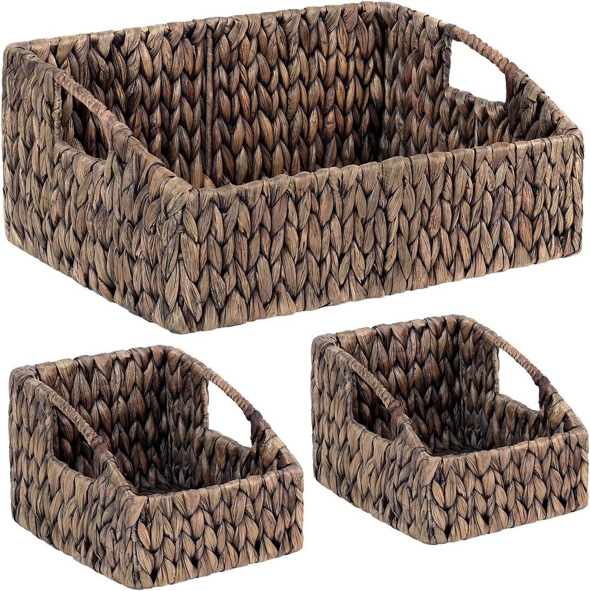 Set of 3 Handwoven Storage Baskets – Decorative Natural Wicker Organizer Bins with Built-in Handles for Bathroom, Kitchen, Pantry, Nursery, Closet, Laundry, Living Room, and Home Use