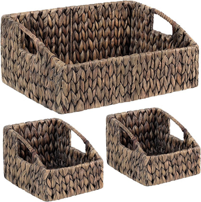 Set of 3 Handwoven Storage Baskets – Decorative Natural Wicker Organizer Bins with Built-in Handles for Bathroom, Kitchen, Pantry, Nursery, Closet, Laundry, Living Room, and Home Use