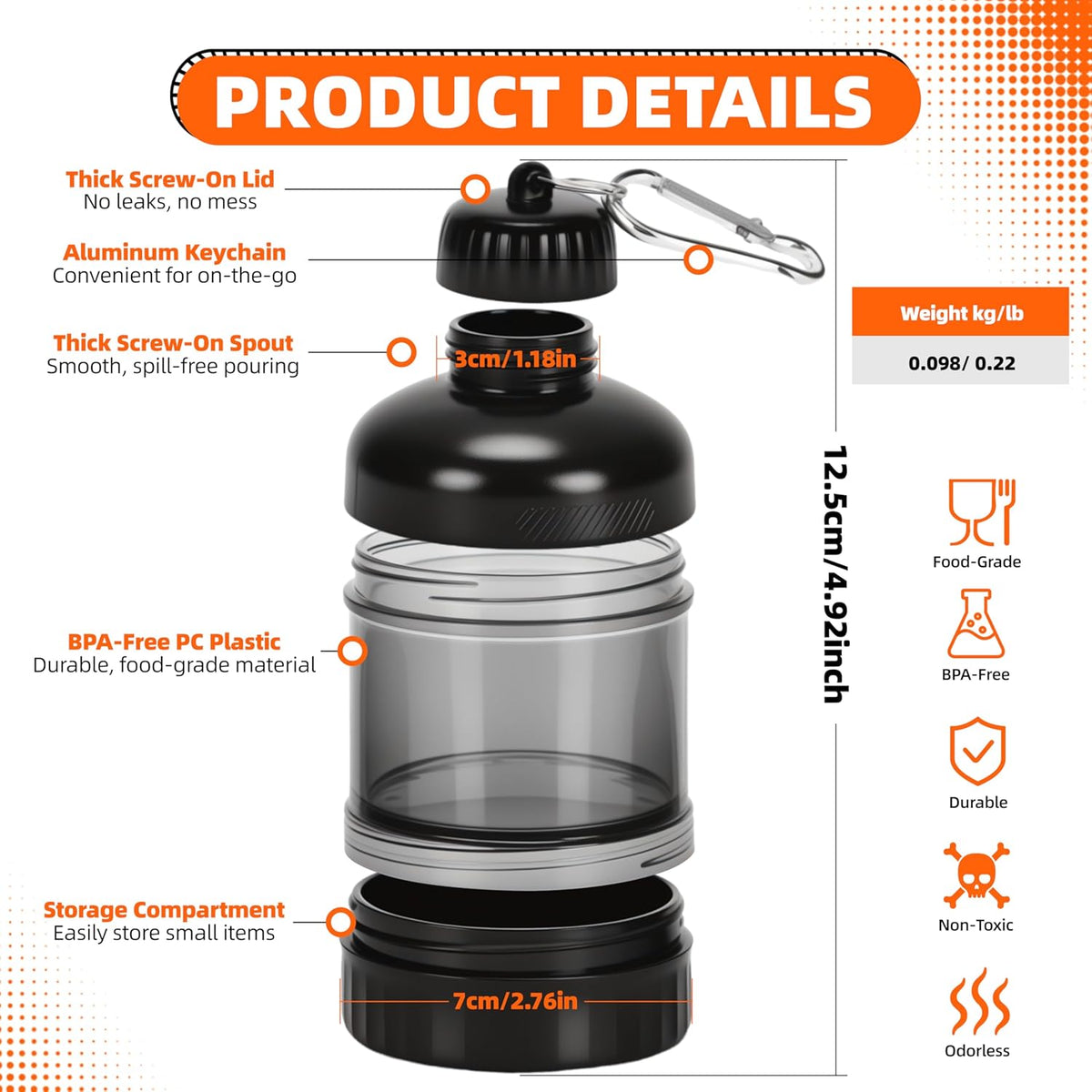 2 Pack Protein Powder Container to Go with Keychain & Keyring, Large Capacity, Clear, Leakproof, Ideal for workouts, fitness, or travel