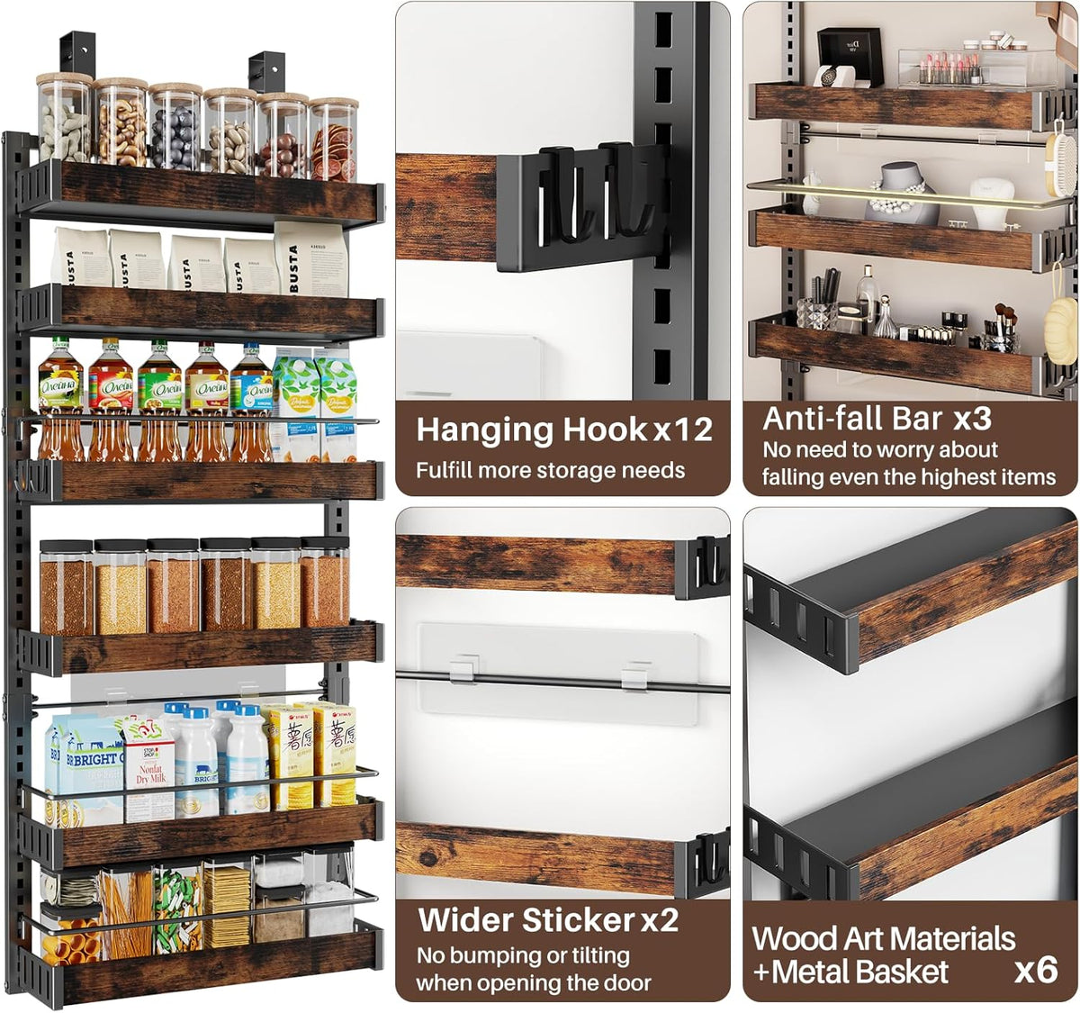 8 Tier Over The Door Pantry Organizer, 2 IN 1 Wall Mount or Metal Hanging Spice Rack for Pantry Organizers and Storage, Seasoning Shelves，Adjustable Basket with Hooks for Kitchen Cabinet and Closet
