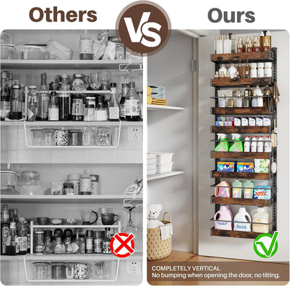 8 Tier Over The Door Pantry Organizer, 2 IN 1 Wall Mount or Metal Hanging Spice Rack for Pantry Organizers and Storage, Seasoning Shelves，Adjustable Basket with Hooks for Kitchen Cabinet and Closet