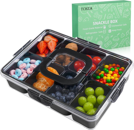 TCHZA Snackle Box Container, Dishwasher Safety - Divided Serving Tray with Lid and Handle, Charcuterie Board for Portable Snack Platters - Clear Organizer for Fruits Snacks,Perfect for Road Travel