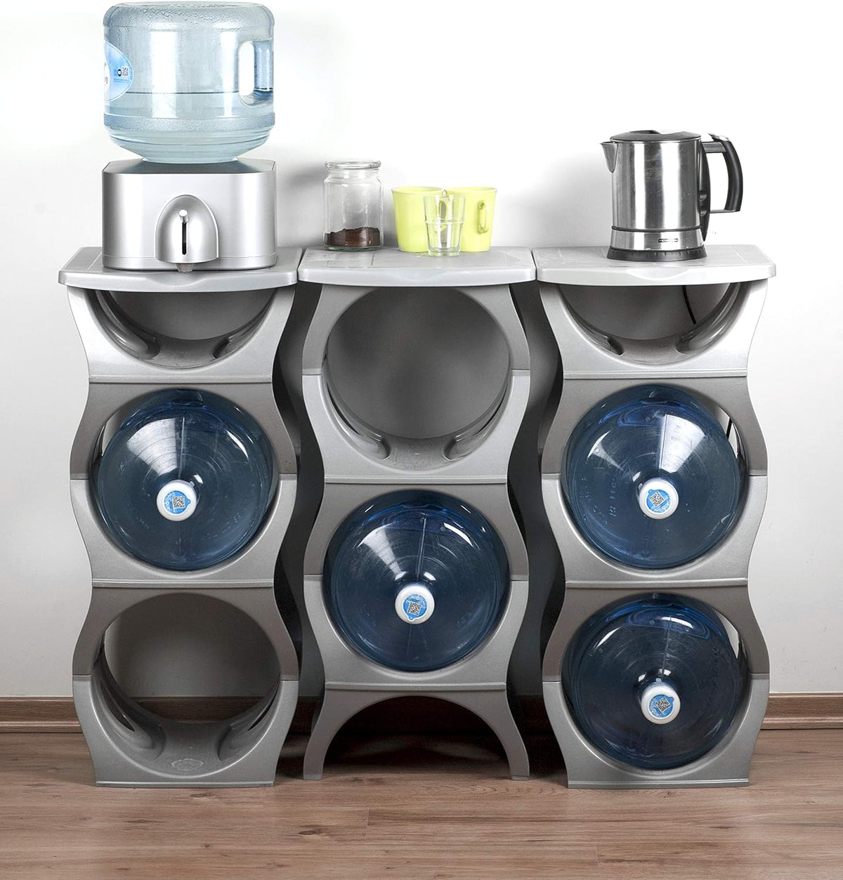 Bariboo Stackable Water Bottle Storage Rack Best Water Jugs 5 Gallon Organizer. Jug Holder for Kitchen, Cabinet and Office Organizing. Reinforced Polypropylene (Silver, 4 No Shelf)