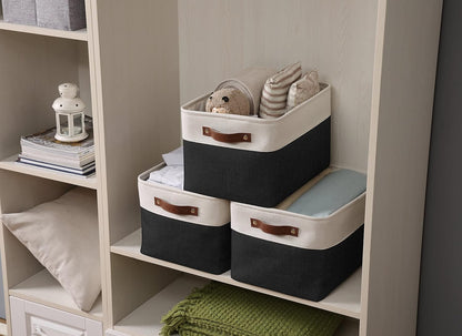 DECOMOMO Storage Bins, Large Fabric Storage Baskets for Shelves, Decorative Linen Closet Organizer, 15 x 11 x 9.5 inches (Beige & White, 3 Pack)