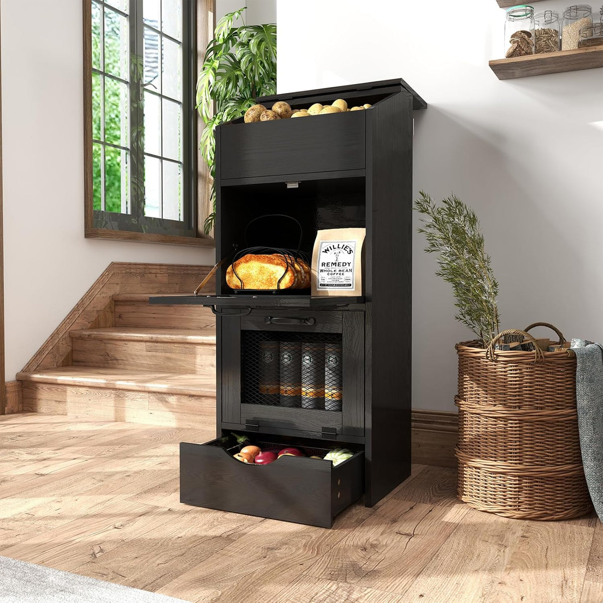 Verano Garden Potato Storage Bin, Wood Bread Box with Lid, Farmhouse Potato and Onion Storage Bin with Mesh Doors, Fruit and Vegetable Storage Rack with Removable Drawer (Rustic Brown, 16.0")