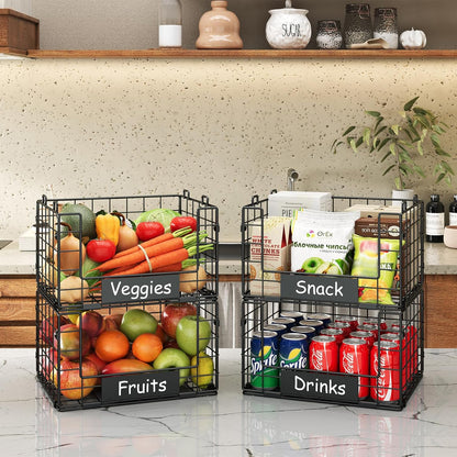 JKsmart 4 Pack XXL Stackable Wire Baskets with Handles for Pantry Storage and Organization,Fruit and Vegetable Basket with Name Plates,Metal Storage Bins for Snack Can Fruit Veggies