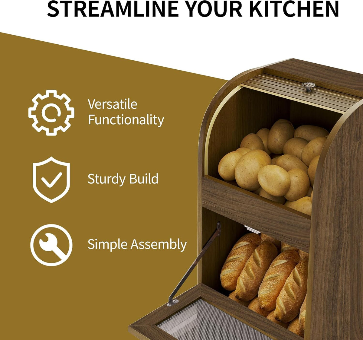 Movable Potato and Onion Storage Box with Wheels,Wooden Vegetable Storage Box,Food Storage Room with Grocery Area,Sliding Design,Modern Farmhouse Style，Suitable for Kitchen (potato bin-Walnut-02)