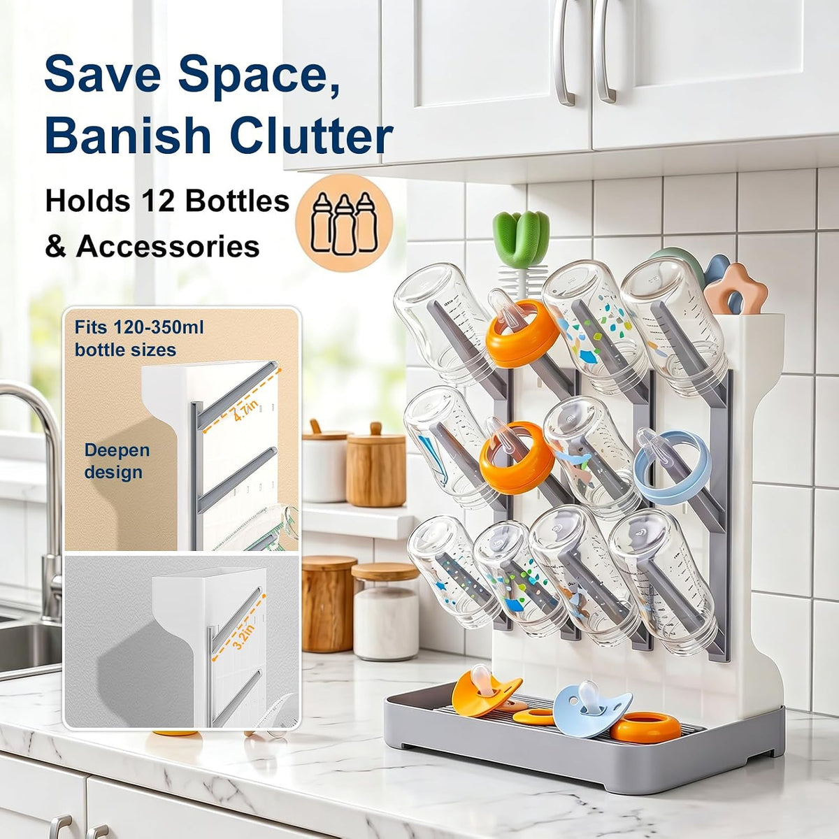 GoMaihe Baby Bottle Drying Rack: Space Saving Vertical Bottle Dryer Holder - Newborn Accessories Storage Stand Organize Brushes Pacifiers on Countertop - BPA-Free - Gray