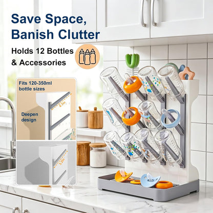 GoMaihe Baby Bottle Drying Rack: Space Saving Vertical Bottle Dryer Holder - Newborn Accessories Storage Stand Organize Brushes Pacifiers on Countertop - BPA-Free - Gray