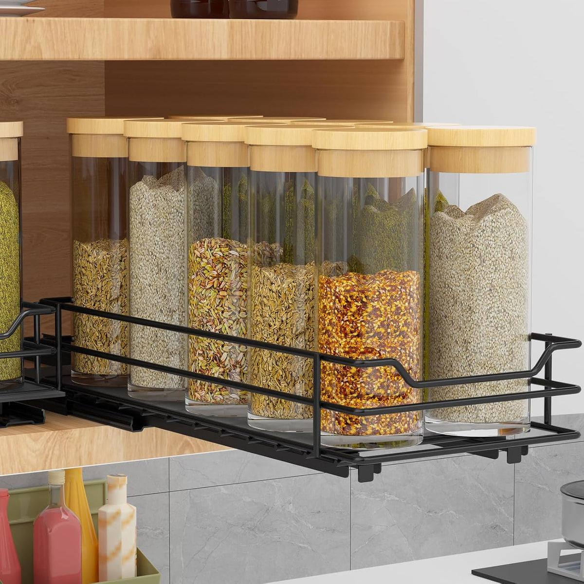 BOIVSHI 2-Tier Spice Rack, Pull Out Cabinet Organizer Spice Racks Height Adjustable Heavy Duty Metal Basket for Inside Cabinets & Pantry Closet(9.5''Wx10.5''Dx9.5''H)