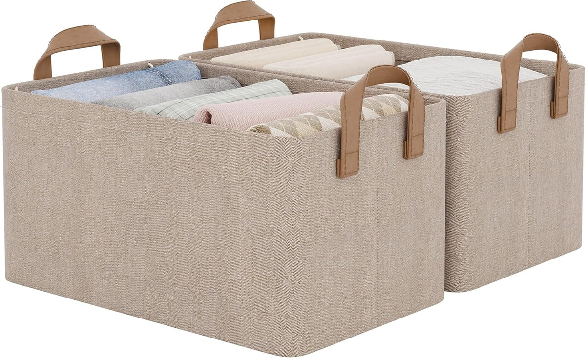 StorageWorks Storage Bins, Shelves Baskets for Organizing, Fabric Closet Organizers with Handles, Metal Frame, Beige-Cotton-linen, 2-Pack