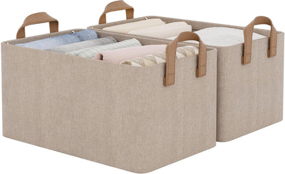 StorageWorks Storage Bins, Shelves Baskets for Organizing, Fabric Closet Organizers with Handles, Metal Frame, Beige-Cotton-linen, 2-Pack