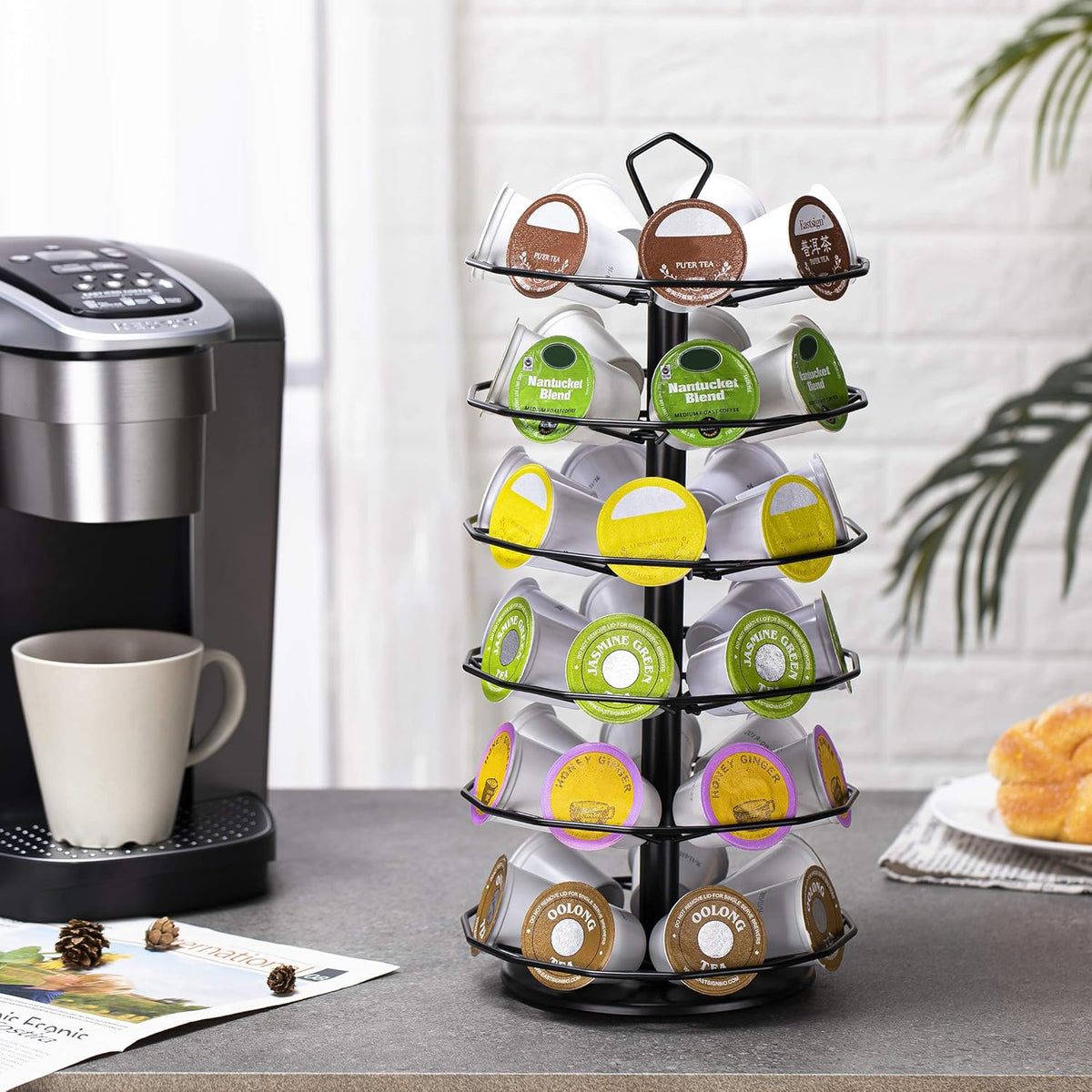 FlagShip K cup Holder Carousel 3 Tier for Keurig Pod Holder Metal DIY Install Small for K-cup Storage Stand 21 K Pod Storage