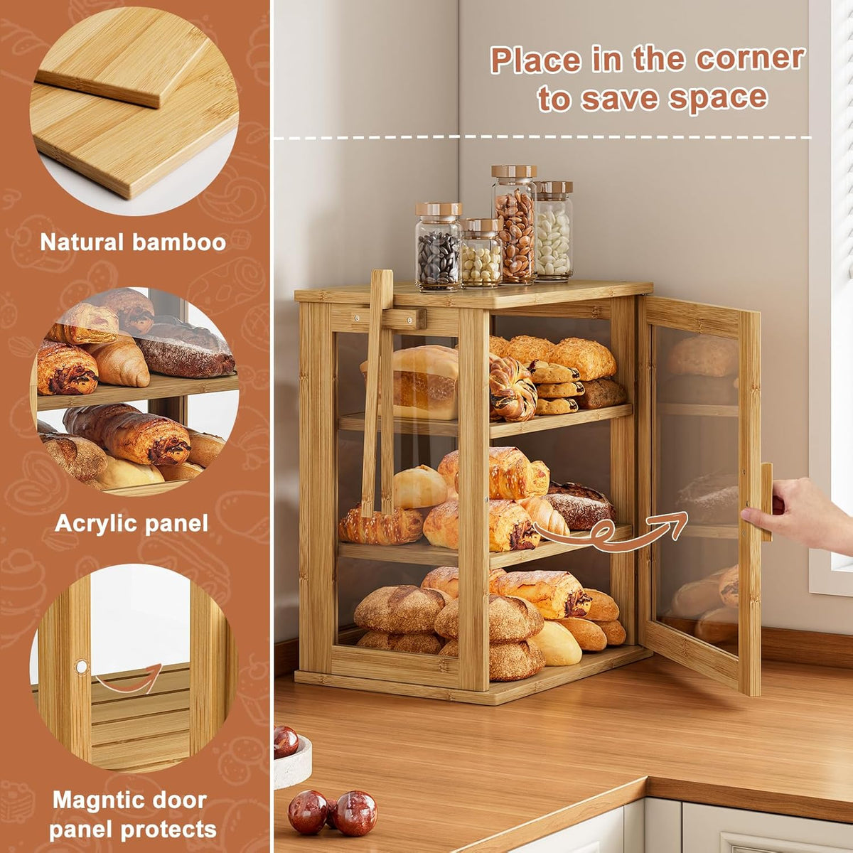 WOWLIVE Black Bread Box for Kitchen Countertop, Large 3 Layers Bread Storage Container for Homemade Bread with Window, Farmhouse Breadbox Organizer for Kitchen, Cabinet, Pantry (Black, Meduim)