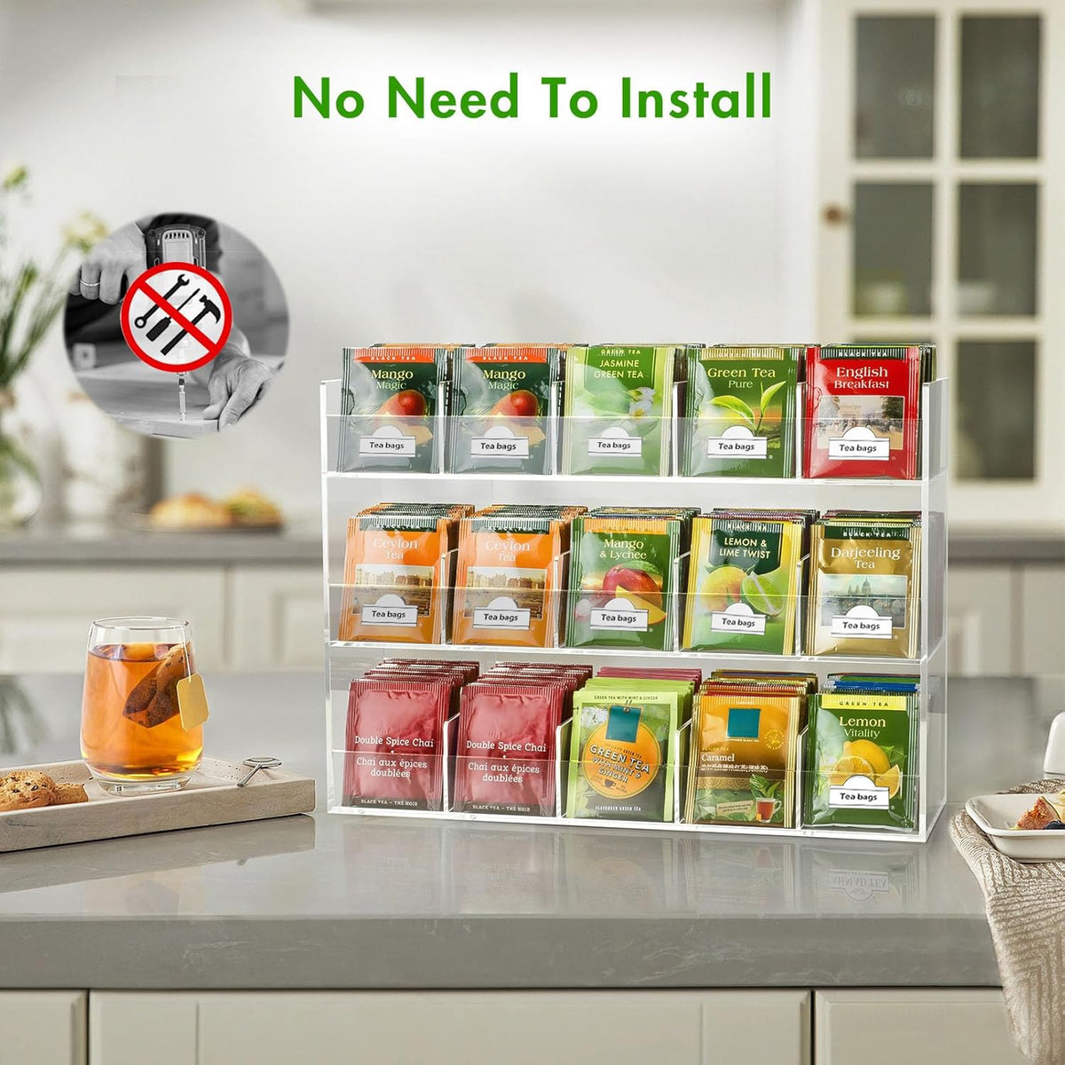 BEYGORM Acrylic Tea Bag Organizer for 216 Tea Packets, No Assembly Required, Display Holder for Countertop, Vertical Tea Bag Caddy for Cabinet, Tea bar Accessories, Teabags Storage Containers