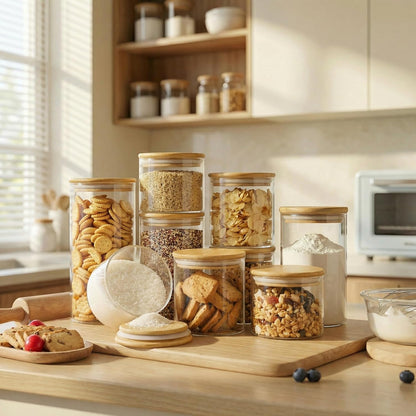 32oz - Glass Jars with Bamboo Lids, Glass Pantry Storage Containers with Airtight Lids, Round Air Tigh Food Storage Canisters for Cereal, Pasta, Flour, Sugar, Rice, Best for Kitchen Organizer