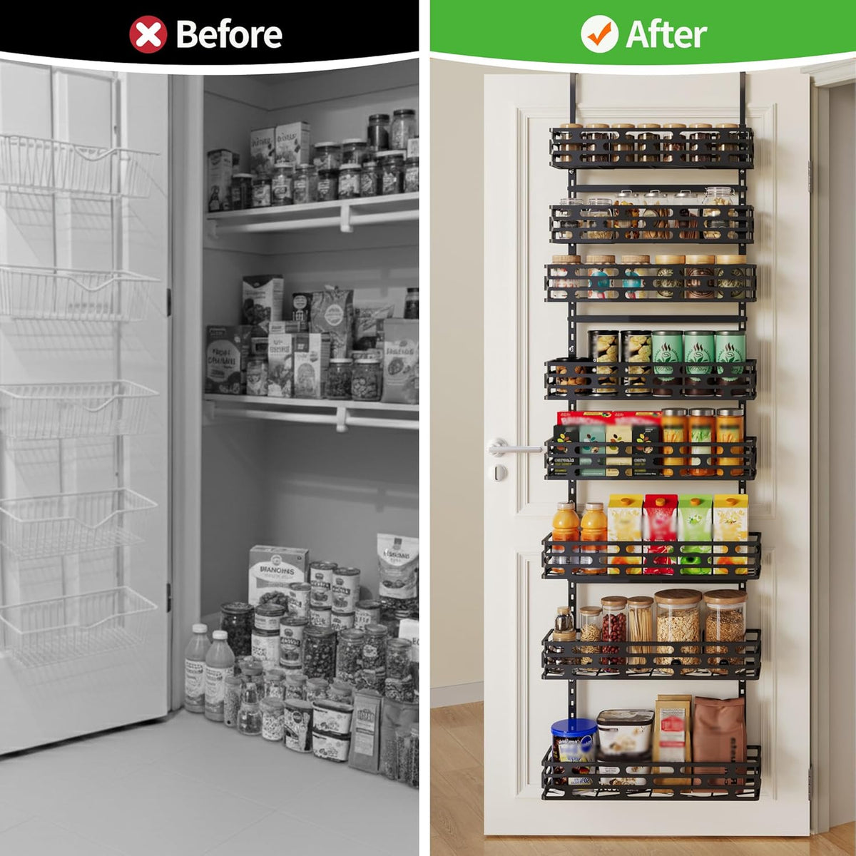 6-Tier Over the Door Pantry Organizer, Pantry Organization And Storage, Hanging Storage Organizer Spice Rack Metal Shelving for Home & Kitchen, Office Laundry Room Bathroom Black