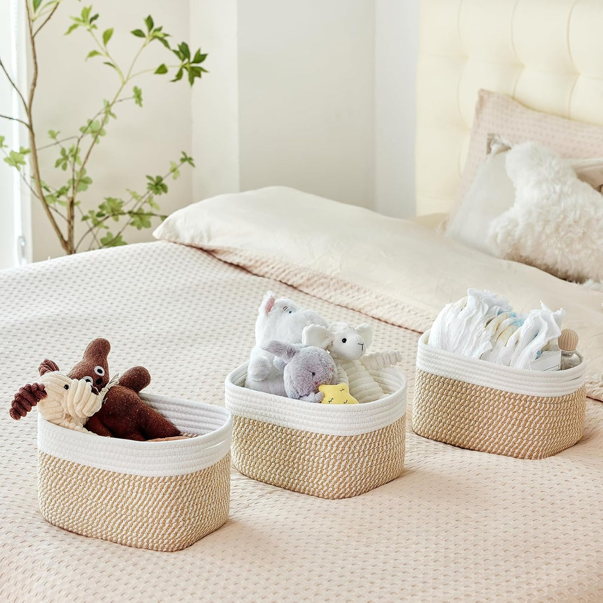 R RUNKA Small Cotton Rope Basket – Storage Bin for Organizing (10.6" x 6.7" x 6.7"), Bathroom Storage Basket for Shelf, Counter & Closet（Beige）