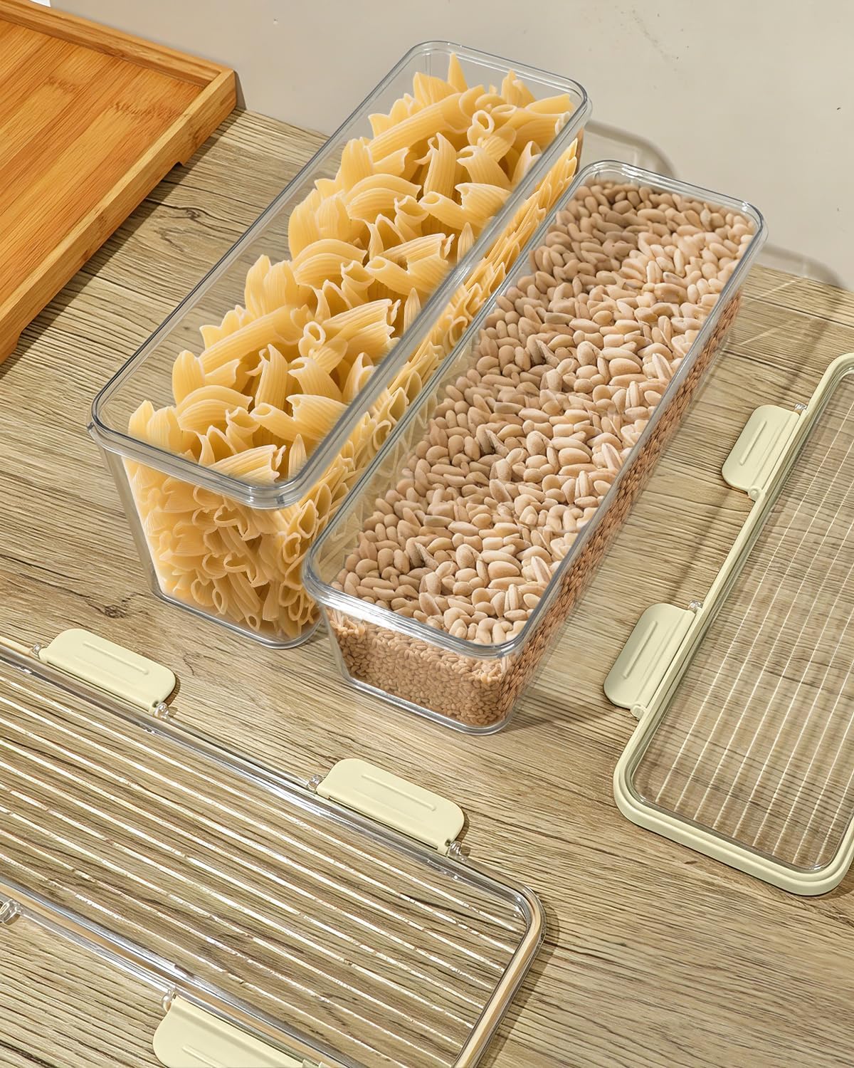 EORTA Set of 2 Spaghetti Pasta Storage Container with Lid, (3.6L/2.8L) Clear Kitchen Pantry Organizer for Noodles, Flour & Dry Food, Plastic Canisters Keeper Box with Black Cover, Size M/L (Black)