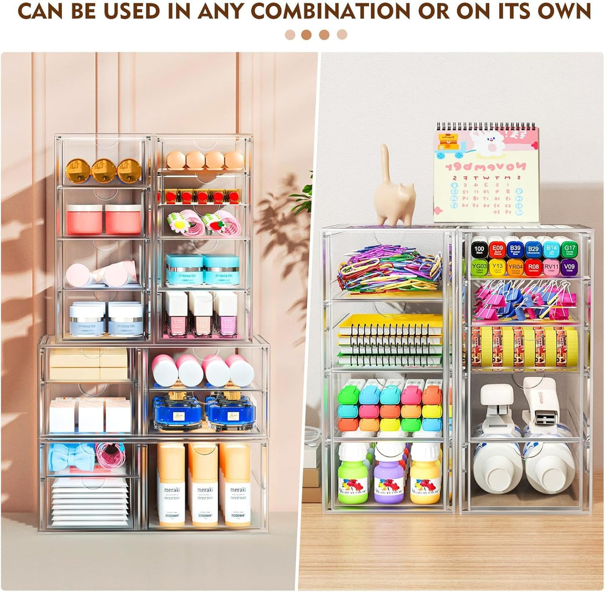 Acrylic Makeup Organizer with 13 Drawers, Bathroom Counter Organizer, Acrylic Organizers, Desk Organizer, Office Supplies, Storage Drawers for Cosmetic, Pencil, Coffee, etc 3 Pack