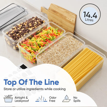 Chef's Path Airtight Food Storage Containers with Lids (Set of 4/3.6 Liters Each), Plastic Spaghetti Container for Pasta & Dry Food Storage, BPA Free Pantry Organizer Set with Kitchen Accessories