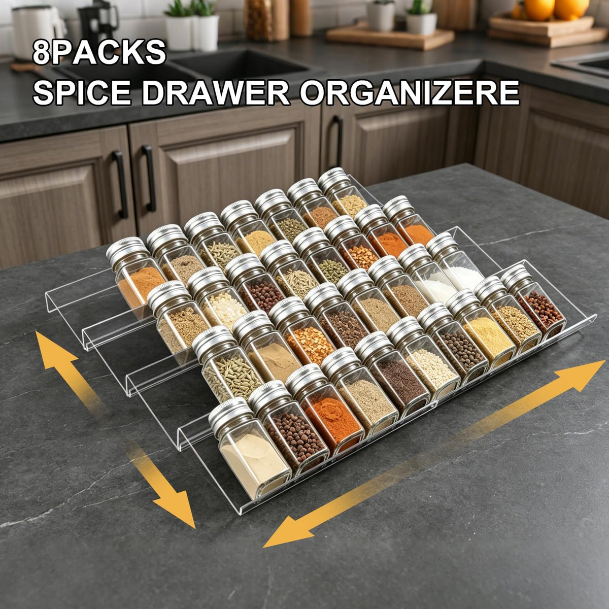 Expandable Acrylic Spice Drawer Organizer – 4-Tier Clear Seasoning Rack Insert for Kitchen Drawers, Adjustable from 9" to 18", Fits Most Spice Jars (Jars Not Included)