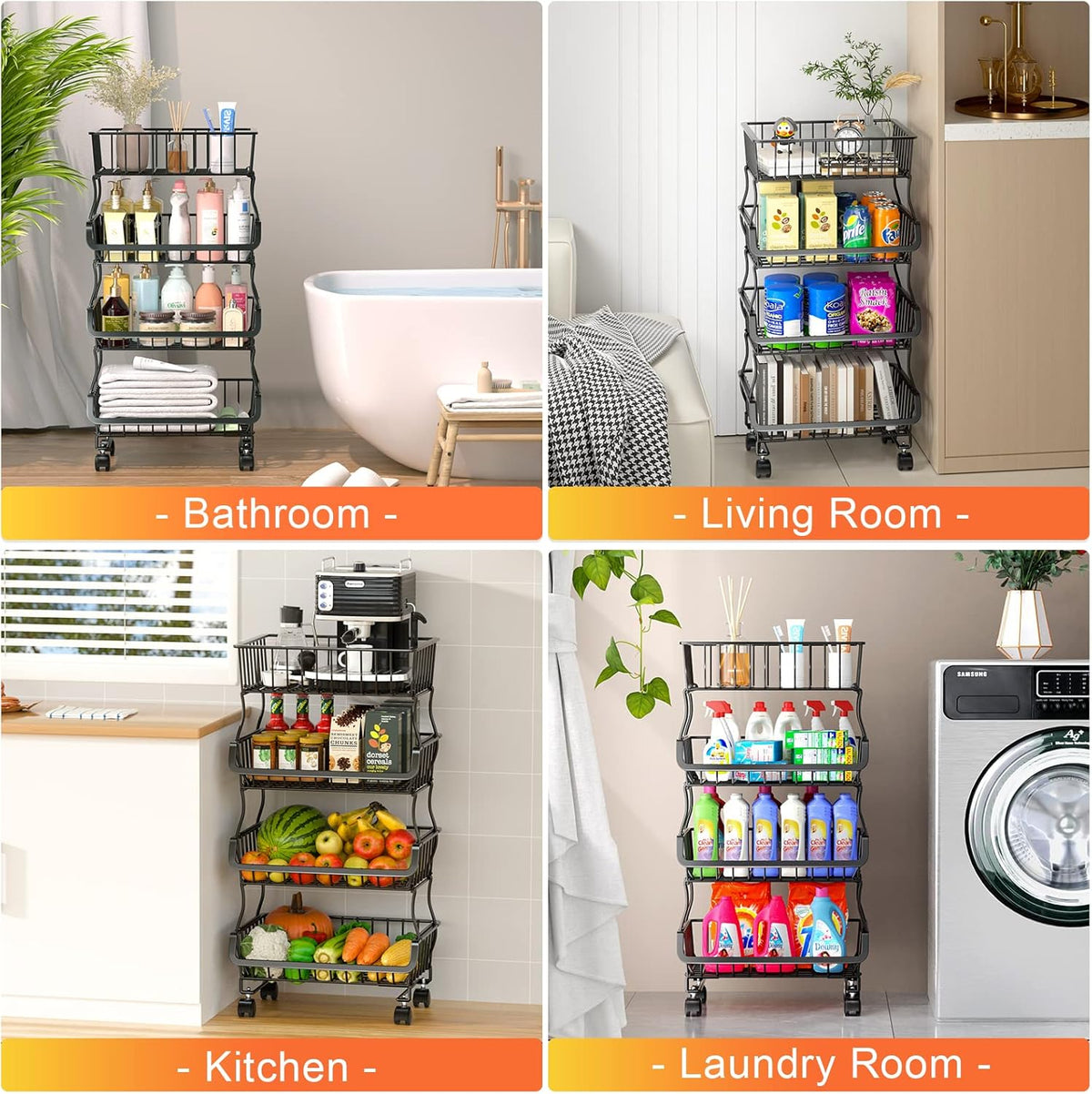 Gsiekare 3-Tier Rolling Pantry Organizer and Storage Cart with Wheels – Stackable Wire Snack Cart for Kitchen, Pantry Shelves and Storage Rack for Fruit, Vegetables, Onion, Potato (1 Pack)