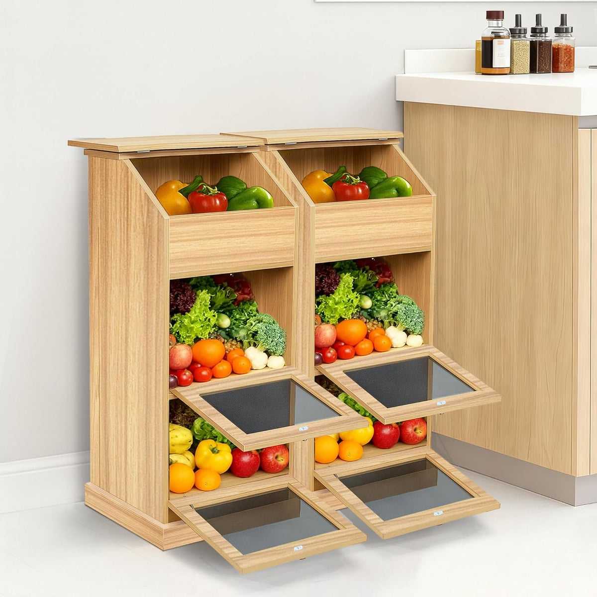 Potato Storage Bin, 3-Tier Potato and Onion Storage Bin with Lid, Wooden Bread Box for Fruit and Vegetable,Food Storage Containers for Kitchen Pantry (Oak)