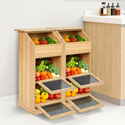Potato Storage Bin, 3-Tier Potato and Onion Storage Bin with Lid, Wooden Bread Box for Fruit and Vegetable,Food Storage Containers for Kitchen Pantry (Oak)