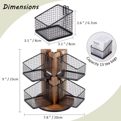 HTB 2 Tier Tea Organizer for Tea Bags, Tea Bag Holder with Acacia Wood Stand and 6 Removable Metal Basket for Sugar Packets, Sweeteners, Creamers for Cabinet, Countertop or Wall-mounted