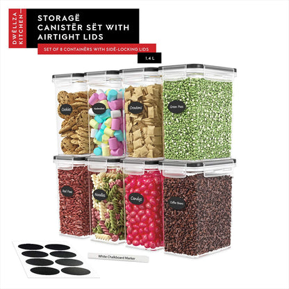 DWËLLZA KITCHEN Airtight Food Storage Container Set - 8 Pieces 1.4L - Plastic BPA Free Kitchen Pantry Storage Containers with Lids - Dishwasher Safe - Include 8 Labels - Keeps Food Fresh & Dry