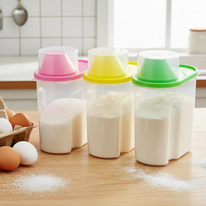 Basicwise 2.5 Liters Set of 3 Large Airtight Food Storage Containers with Pouring Spout and Measuring Cup Lid for Flour Sugar Cereal Rice Pantry Staples & Baking Ingredients in Green Pink and Yellow