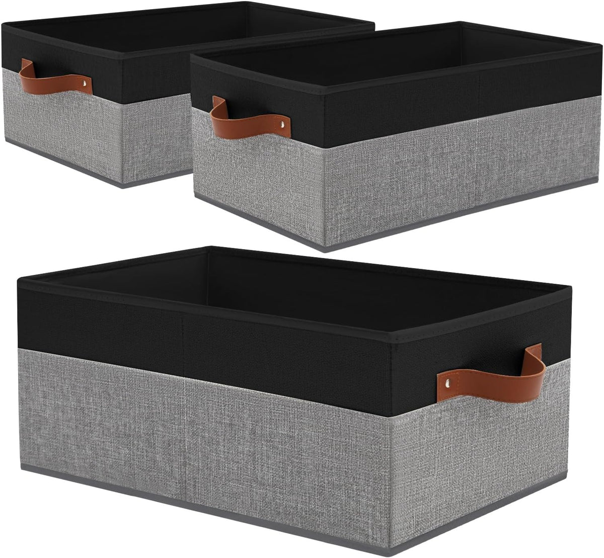 Large Capacity Storage Bins Closet Organizer for Shelves, Fabric Closet Storage Baskets Boxes with Leather Handles for Organizing Clothes, Sheets, Jeans, Toys, Books (Grey)