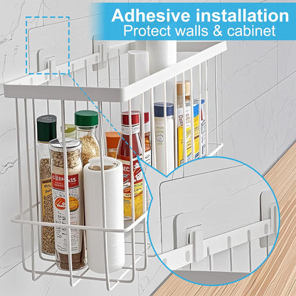 Cabinet Door Organizer Basket 2 Pack, Foil and Plastic Wrap Organizer with 2 Sponges, Lid Organizers Inside Cabinet, Metal Basket for Kitchen Organizers and Storage, Utility, Black (Medium,Large)