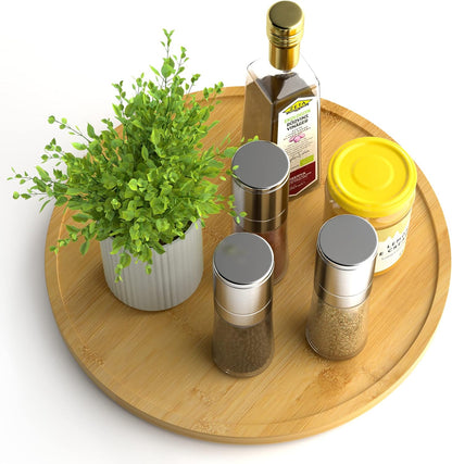Lazy Susan Organizer Homerays 12 Inch Non-Skid Bamboo Lazy Susan for Kitchen Rotating Spice Rack with Handles, Wood Turntable for Kitchen Cabinet,Countertop (Bamboo, Medium)