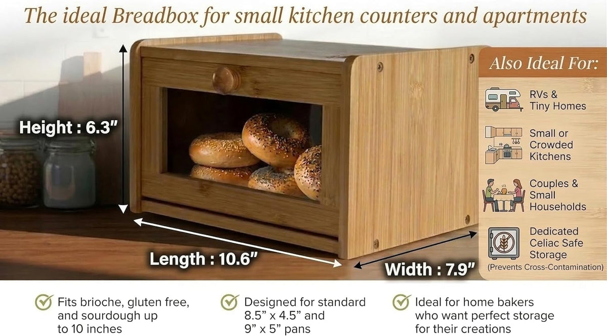 Chiron’s Pantry Bread Box with Clear View Window, Premium Bamboo Bread Storage for Kitchen Countertop, Farmhouse Organizer with Lid for Brioche, Gluten‑Free Loaves and Everyday Baked Goods