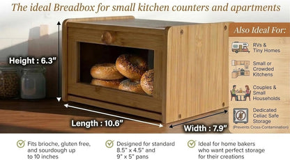 Chiron’s Pantry Bread Box with Clear View Window, Premium Bamboo Bread Storage for Kitchen Countertop, Farmhouse Organizer with Lid for Brioche, Gluten‑Free Loaves and Everyday Baked Goods