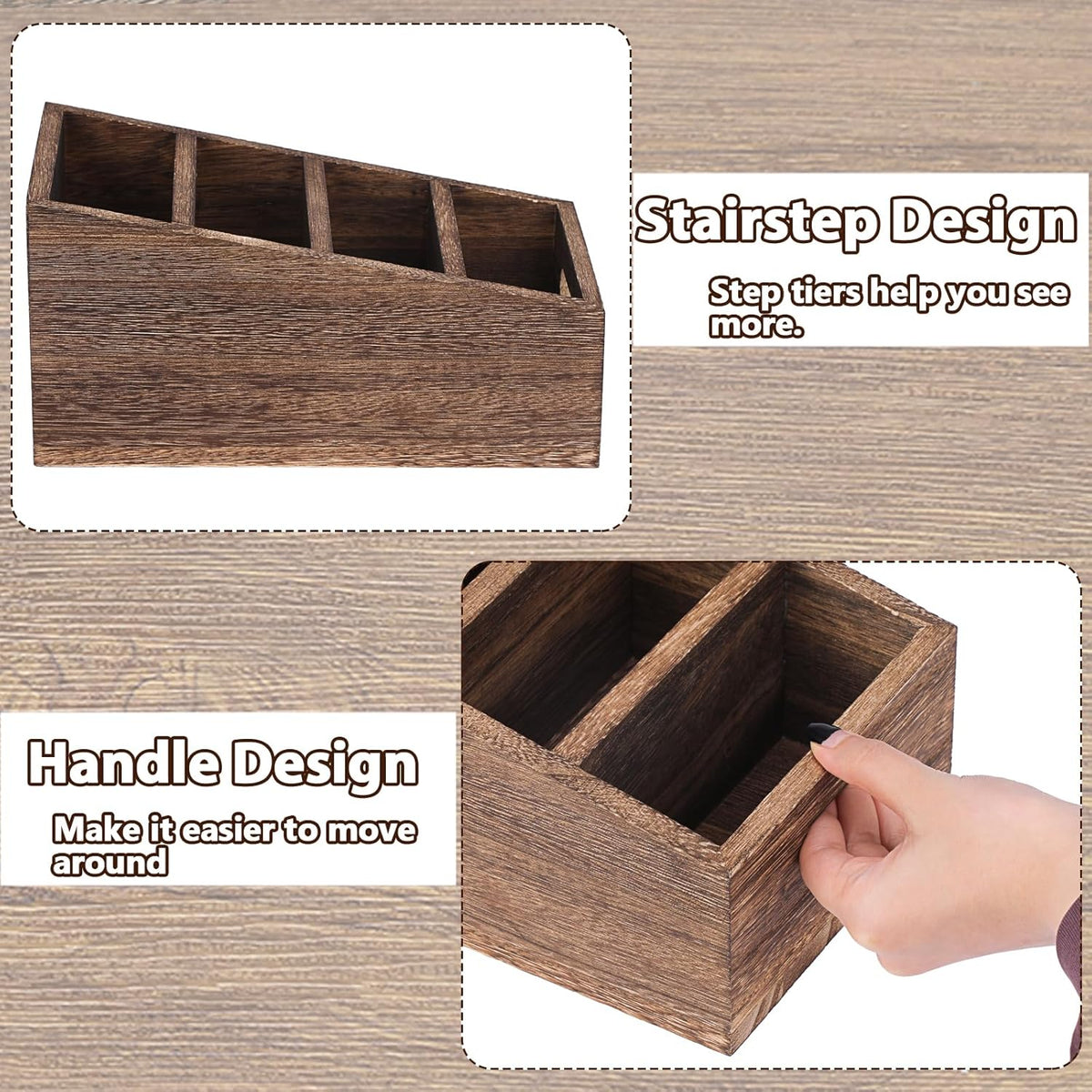 BSTKEY Seasoning Packet Organizer with Handle, Food Packet Storage with 4 Stairstep Compartments, Wooden Storage Caddy for Pantry Cabinet, Farmhouse Kitchen Organization Bin for Snacks Spice Packets