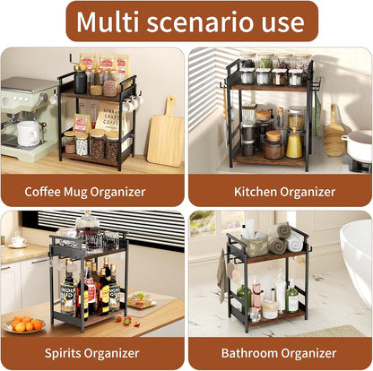 KLM 2 Tier Coffee Bar Organizer for Home Office, Spice Rack for Countertop, Kitchen Counter Storage Shelf with Hanging Basket, Coffee and Tea Condiment Station Organizer