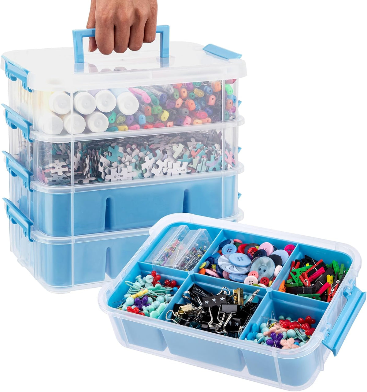 CraftGenes Grey&White Modern Plastic Storage Box - 4-Layer Durable Craft Storage Containers with 2 Removable Trays for Arts & Crafts Supplies, Sewing, Office, Seasonal Decor