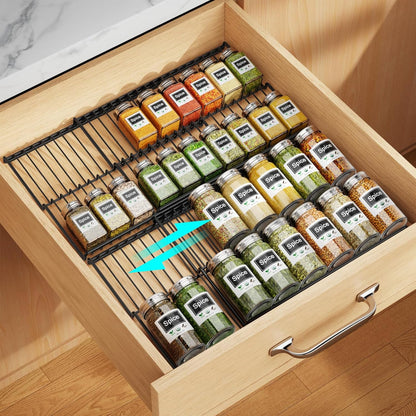 iSPECLE Spice Drawer Organizer, 2-Tier Low Profile Spice Rack Insert for Kitchen Drawers, Fits 15"–30" Wide Drawers, Keeps Labels Visible, No Slip No Rattle, Oil-Resistant Carbon Steel, Black