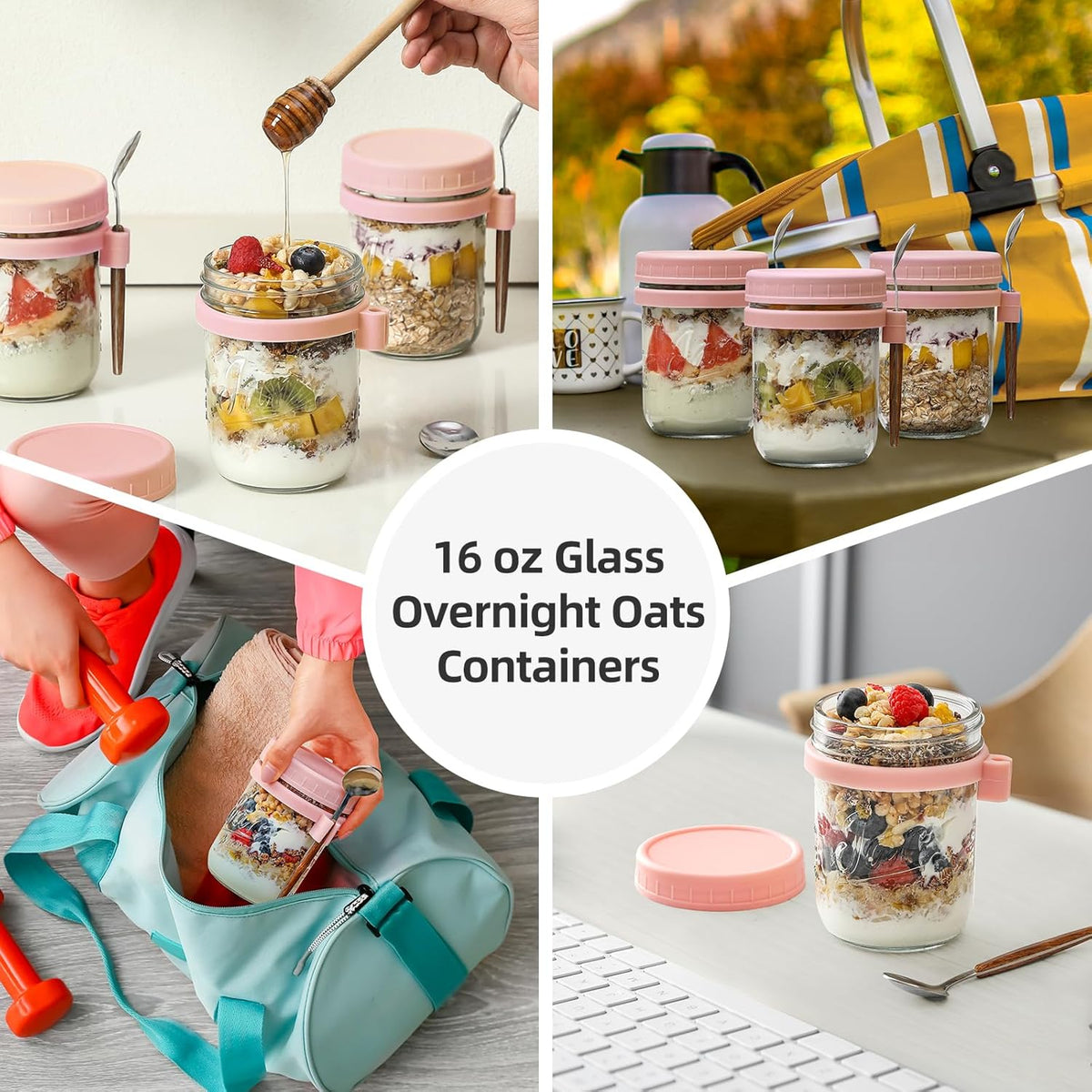 4 Pack Overnight Oats Containers with Lids and Spoons, 16 oz Glass Mason Jars with Airtight Lids, Overnight Oats Jars for Milk, Cereal, Fruit