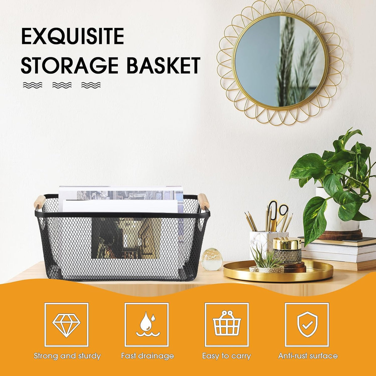 Ziliny 4 Pcs Metal Mesh Wire Baskets with Wooden Handles for Organizing, Pantry Organizers and Storage Steel Bin Kitchen Baskets for Fruit Potato Onion Snacks Bathroom Cabinet(Small,Black)