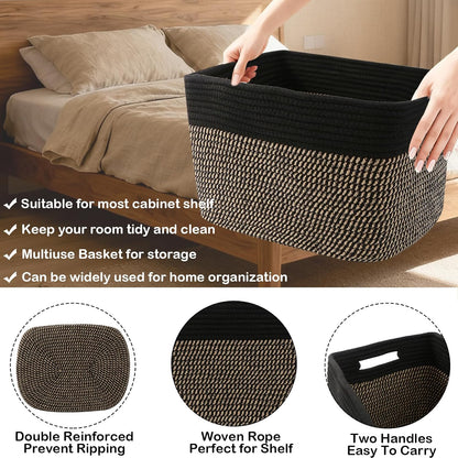 3 Pack Woven Rope Storage Baskets for Shelves,13.5"×11"×9.5" Storage Bins with Handles,Empty Gift Baskets,Nursery Organizer for Toys,Towels,Books,Closet,Living Room,Bedroom (White & Brown)
