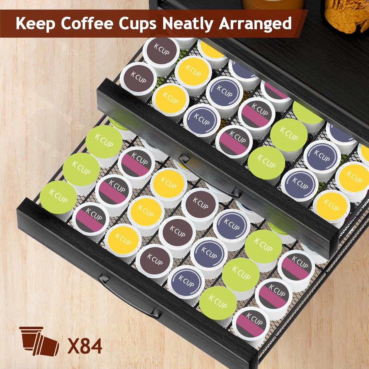 Homsorout Coffee Syrup Rack Organizer - 4-Tier 8 Syrup Wine Bottles Stand with 82 Storage Drawer for K Cups, Coffee Pod Holder for Countertop, Bar Station, Kitchen, Rustic Brown