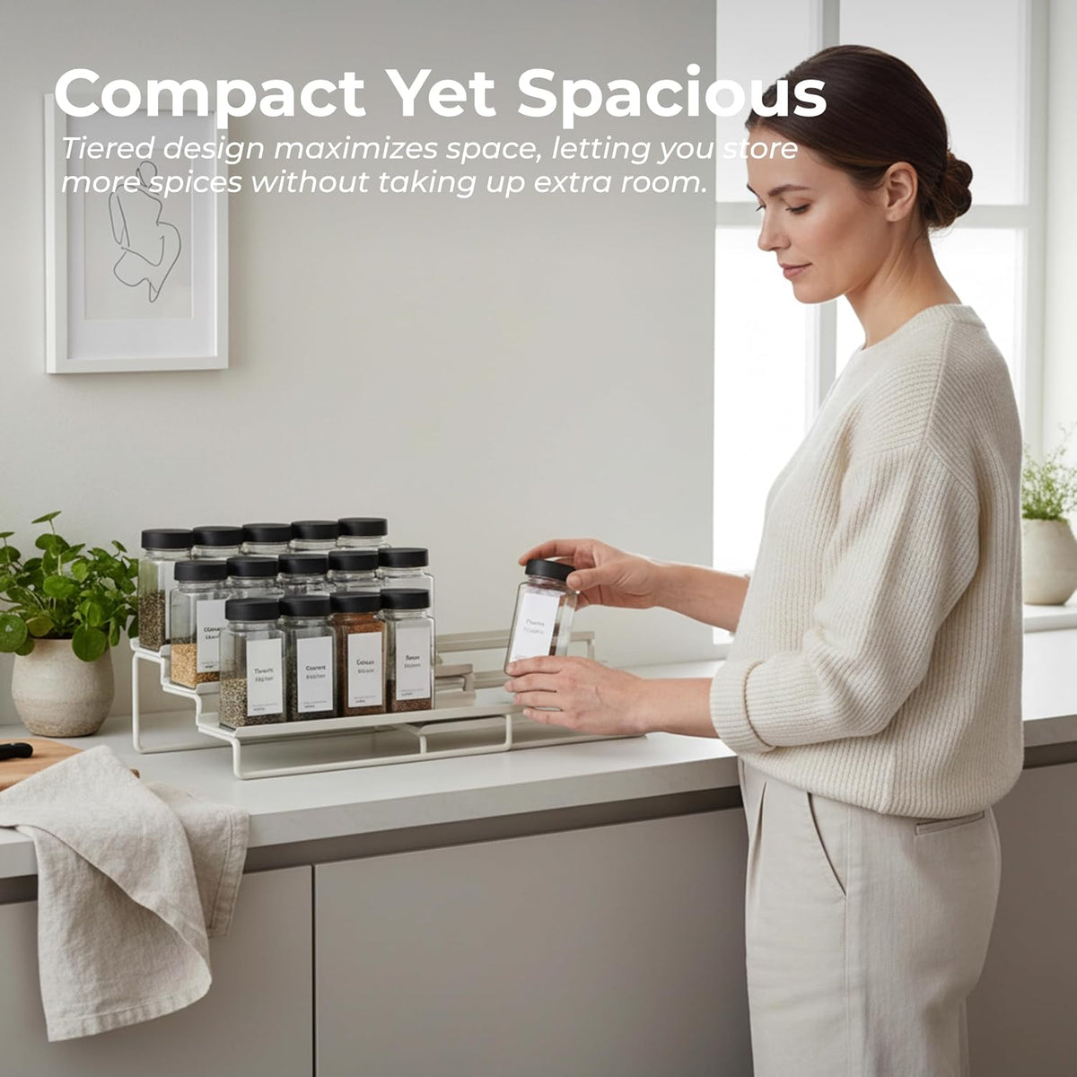 LIBKEN Tiered Spice Rack Organizer – Warm Gray Metal Countertop & Cabinet Spice Stand, Strong & Sturdy 3-Tier Shelf for Kitchen, Pantry, Seasoning Bottles – Minimal Scandinavian Design
