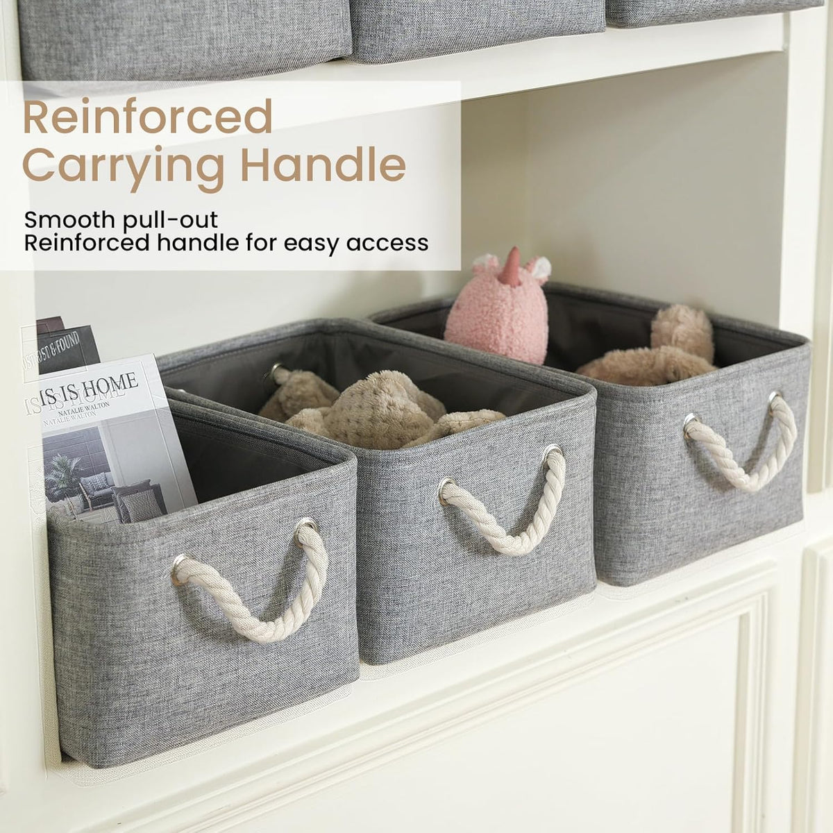 Large Storage Baskets- 15.7x11.8x8.26 inch Storage Bins for Shelves and Closet Organizing, Foldable Fabric Bin for Home Organization Clothes and Laundry (3-Pack, White&Khaki)