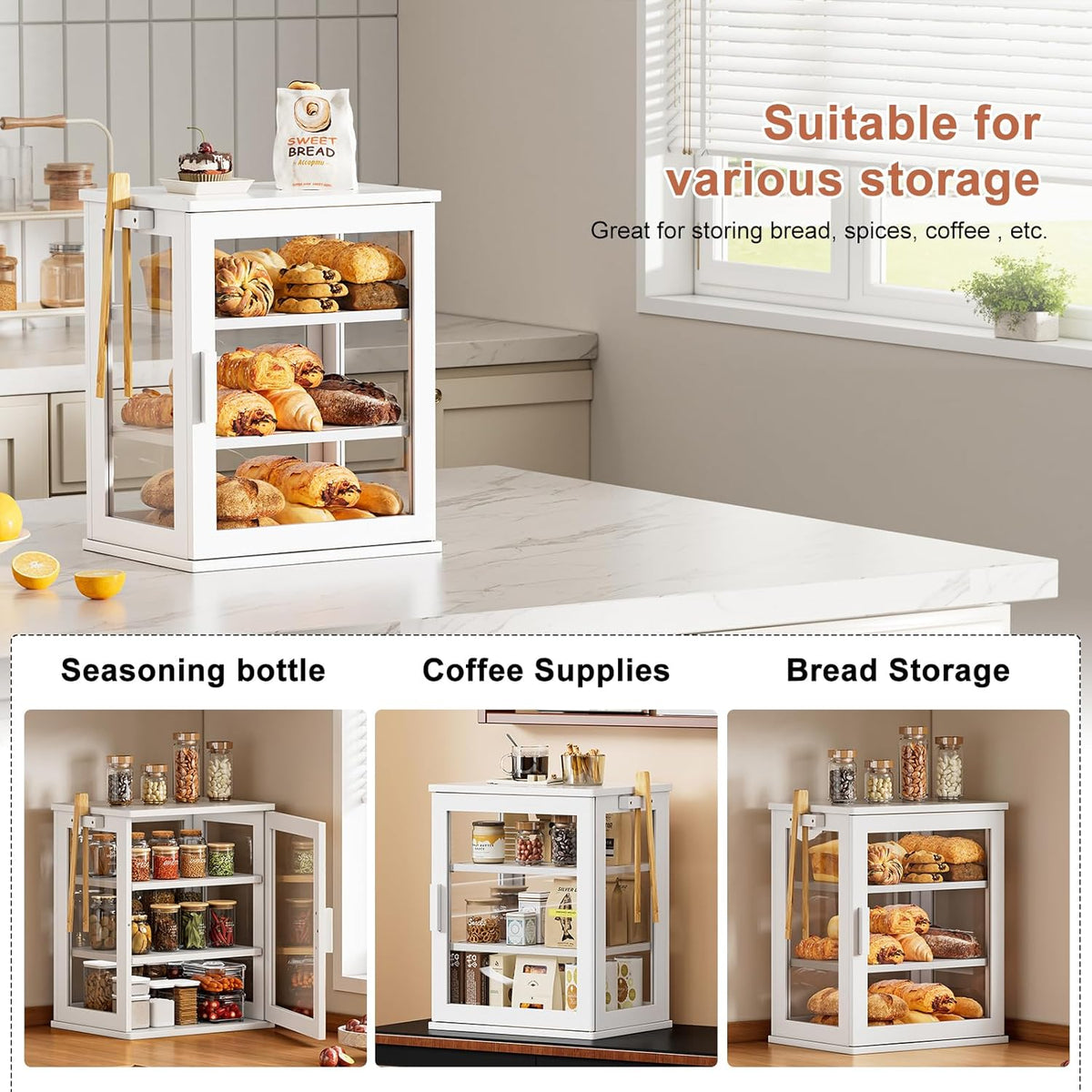 WOWLIVE Black Bread Box for Kitchen Countertop, Large 3 Layers Bread Storage Container for Homemade Bread with Window, Farmhouse Breadbox Organizer for Kitchen, Cabinet, Pantry (Black, Meduim)
